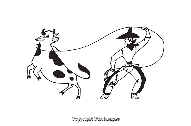 Black and White Line Art Illustration of a Cowboy Roping a Cow