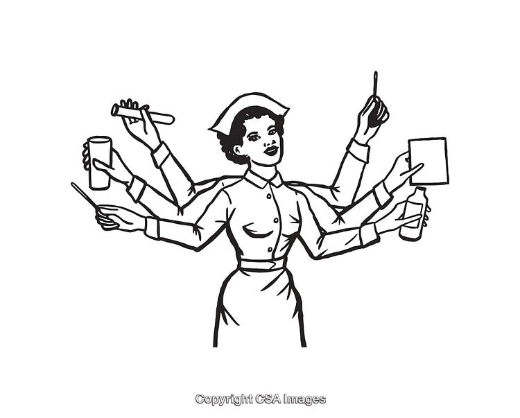 Black and White Line Art of Multi-Tasking Nurse With Multiple Arms
