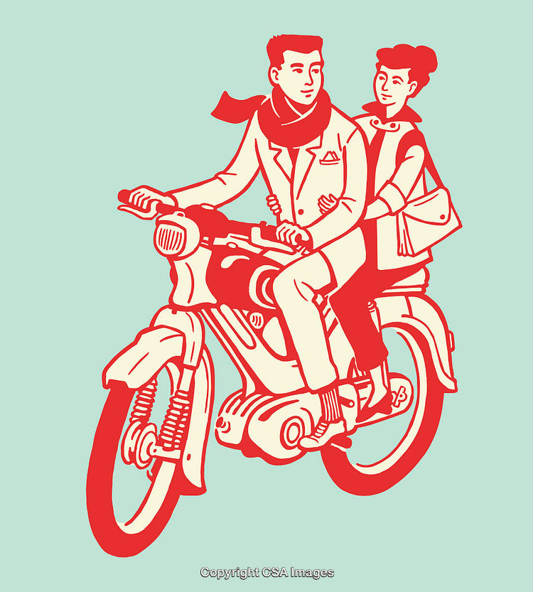 Vintage Styled Line Art of a Couple Riding a Classic Motorcycle