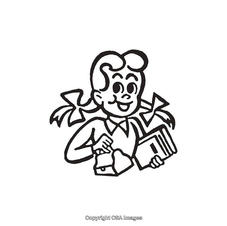 Black And White Illustration of a Schoolgirl Carrying Books and a Milk Carton