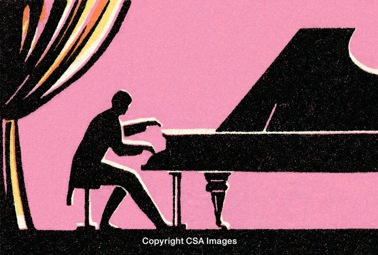 Pianist Performing on Grand Piano in Elegant Theater Setting with Artistic Contrast