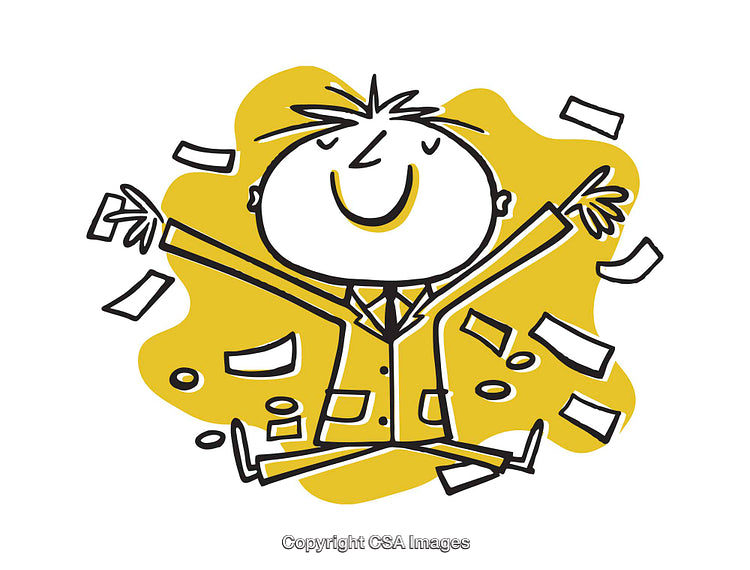 Excited Cartoon Character Surrounded by Papers in a Jubilant Mood