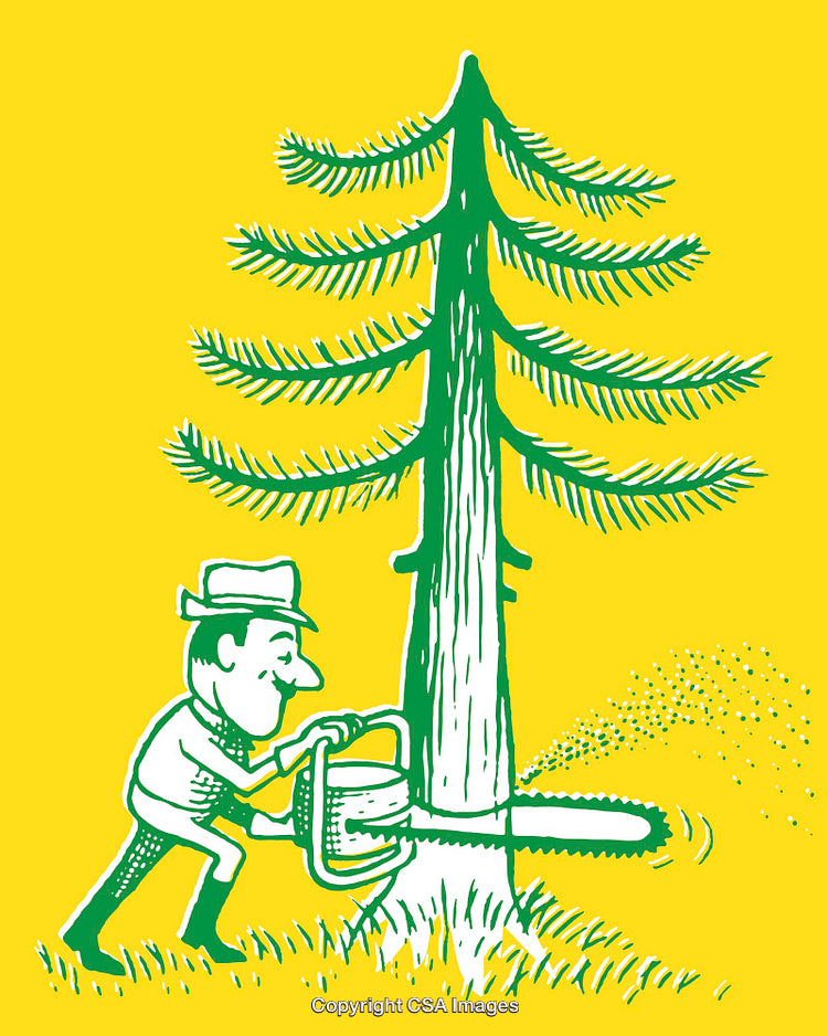 Man Cutting Tree with Chainsaw in Vintage Line Art Style