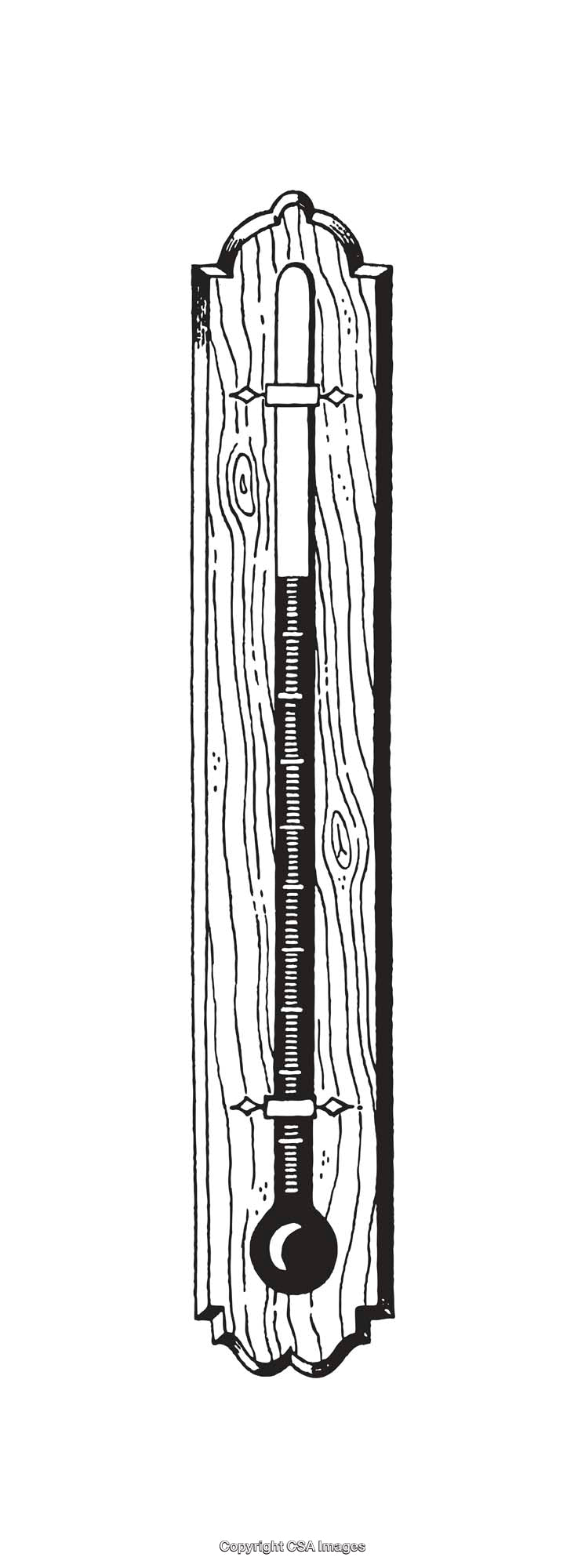 Vintage Black and White Thermometer Line Art Illustration on Wooden Panel