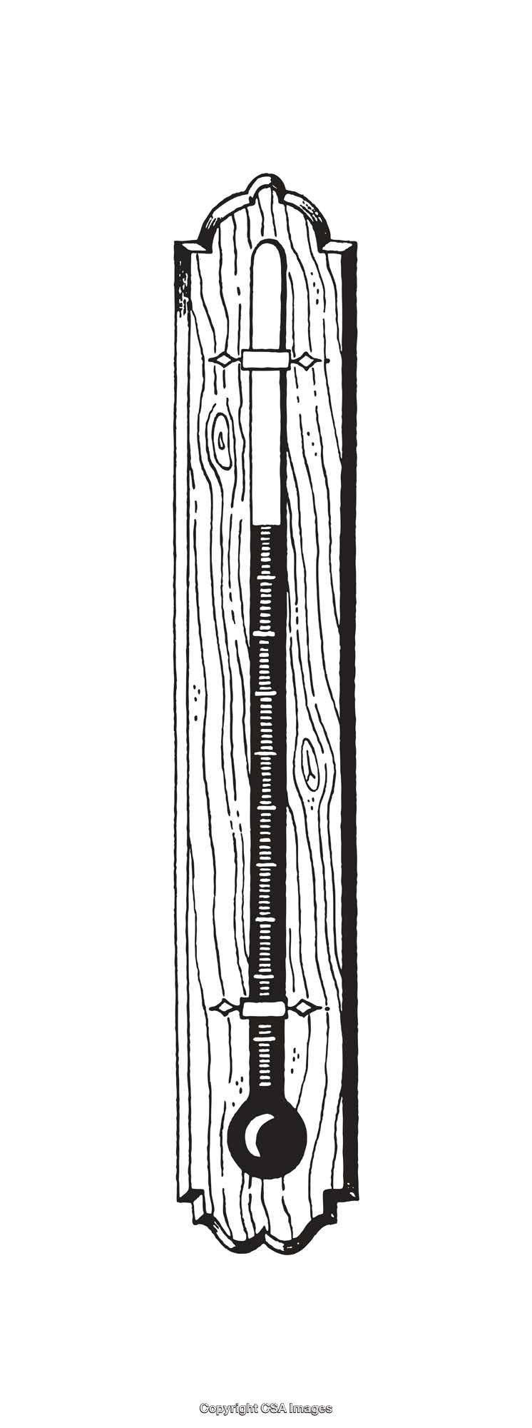 Vintage Black and White Thermometer Line Art Illustration on Wooden Panel
