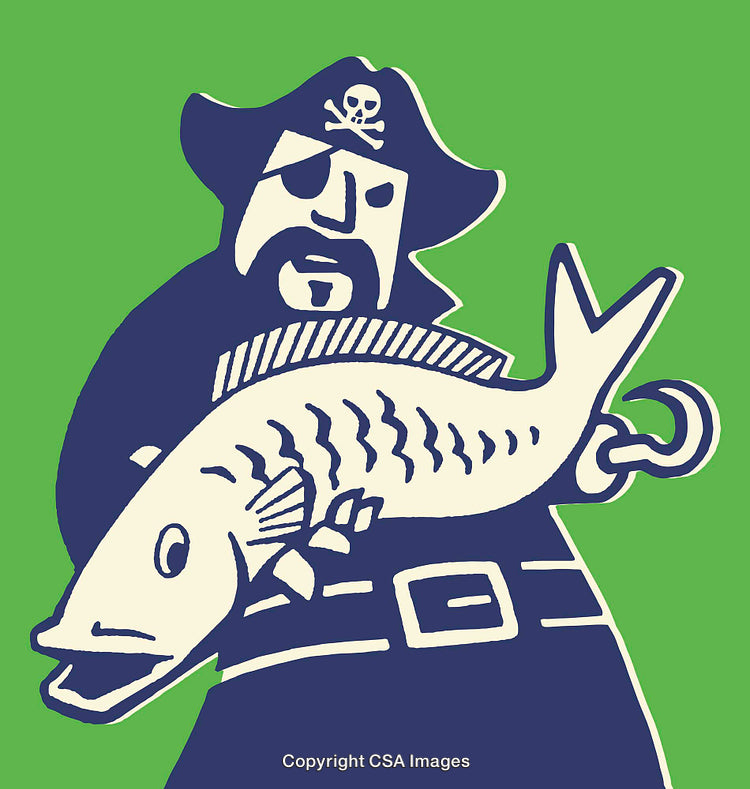 Pirate Themed Illustration with Fisherman and Large Hooked Fish