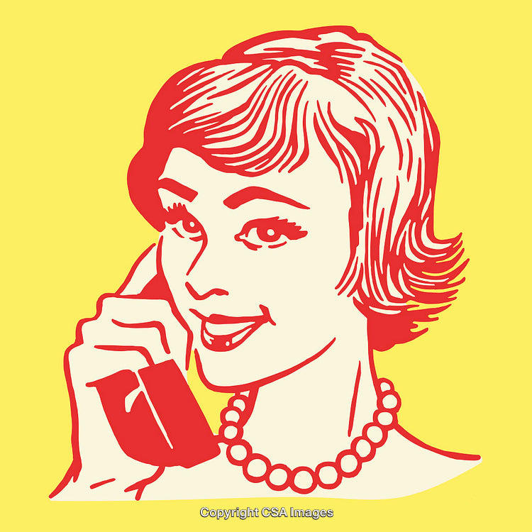 Retro Style Illustration of Smiling Woman Using a Classic Telephone