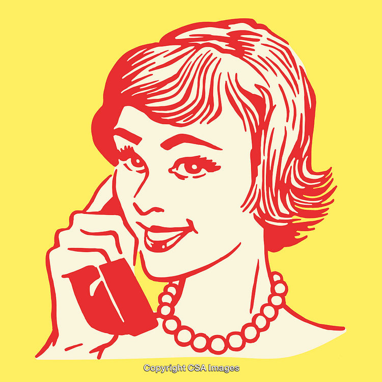 Retro Style Illustration of Smiling Woman Using a Classic Telephone