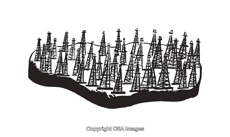 Black And White Illustration of Numerous Oil Rigs On A Hill