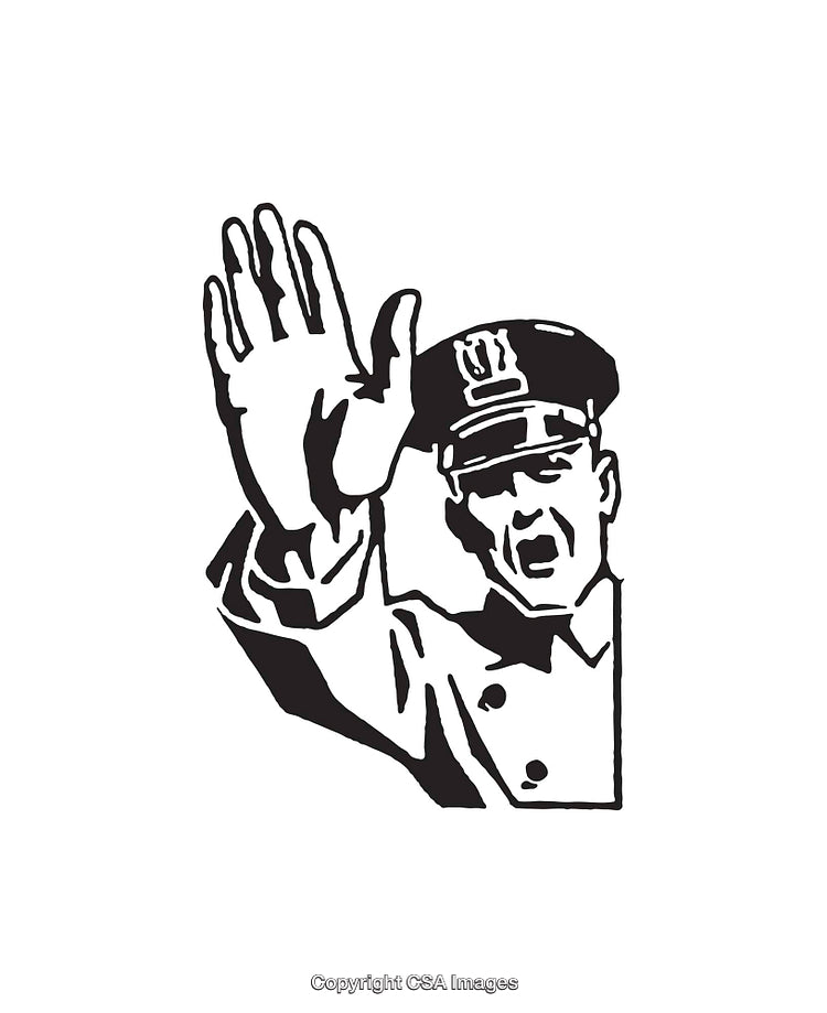 Black And White Line Art Illustration of a Police Officer Gesturing Stop