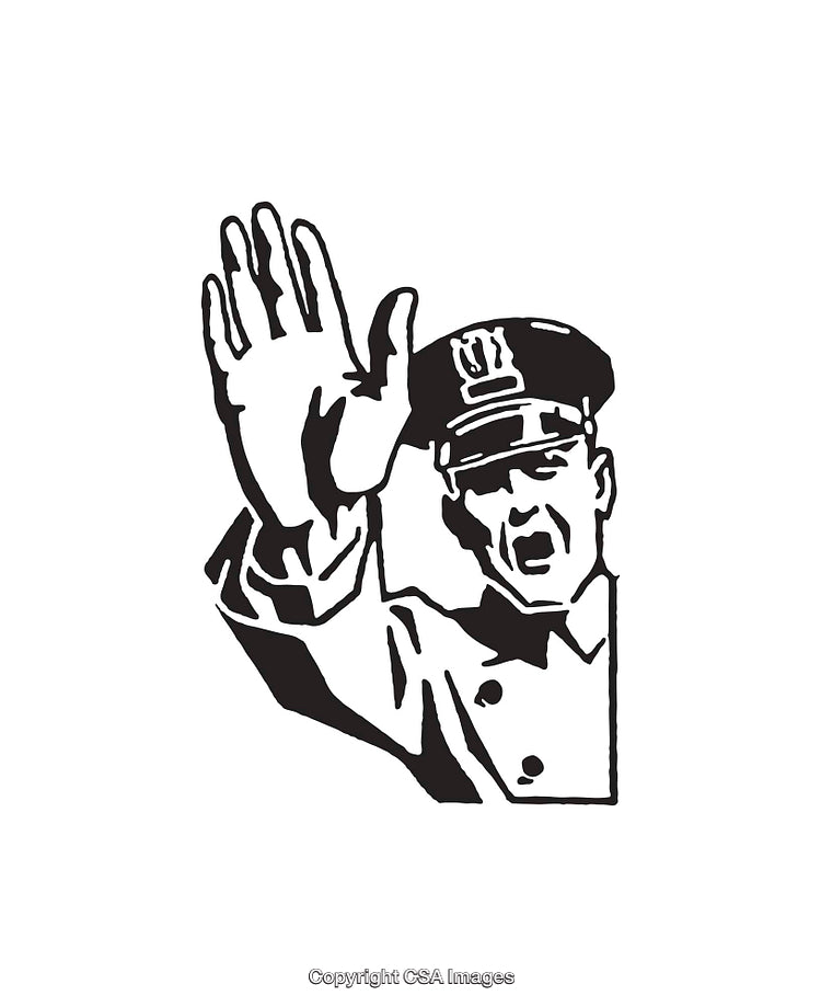 Black And White Line Art Illustration of a Police Officer Gesturing Stop