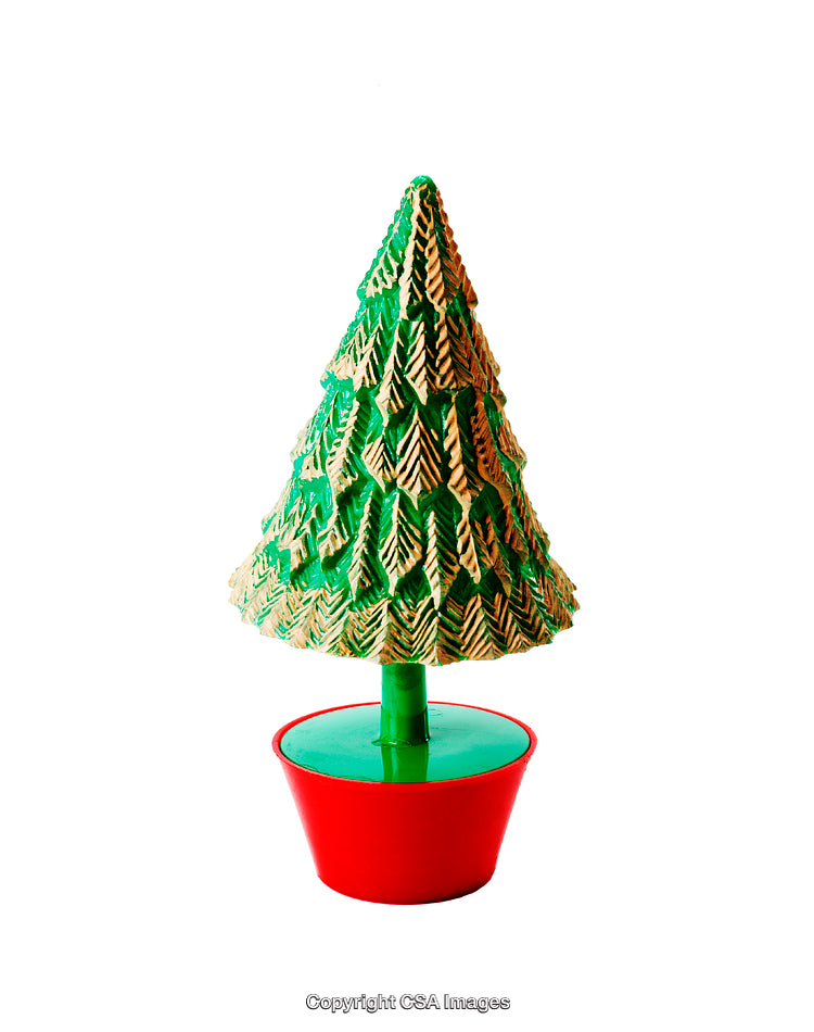 Green Plastic Toy Tree with Red Base on White Background