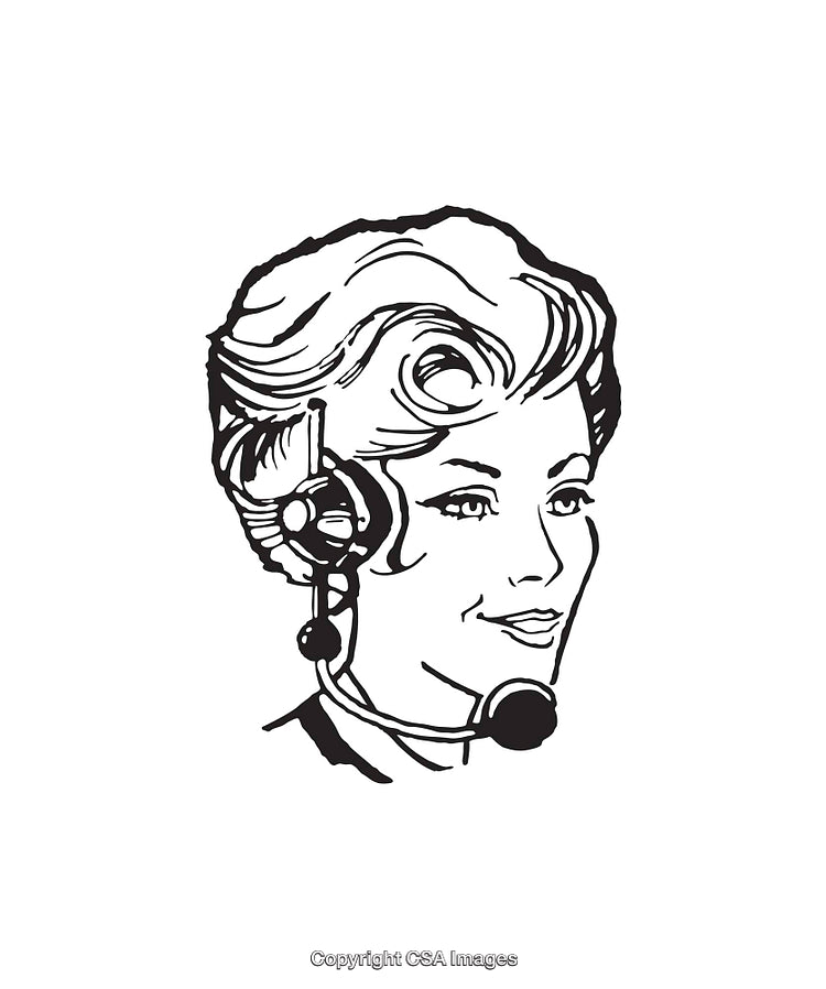 Retro Line Art Illustration of a Call Center Operator Wearing a Headset
