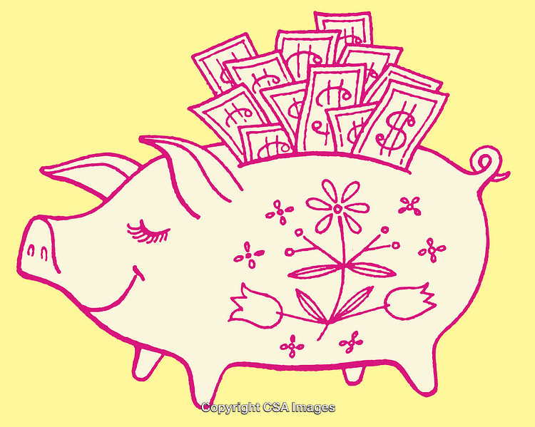 Colorful Line Art of Piggy Bank with Cash and Floral Decorations