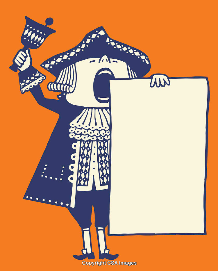 Illustration of Town Crier Holding a Bell and Blank Scroll