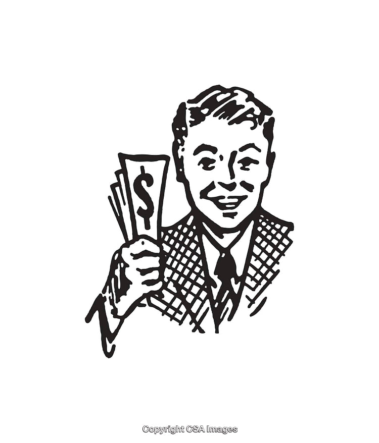 Vintage Line Art Illustration of a Smiling Man Holding Money