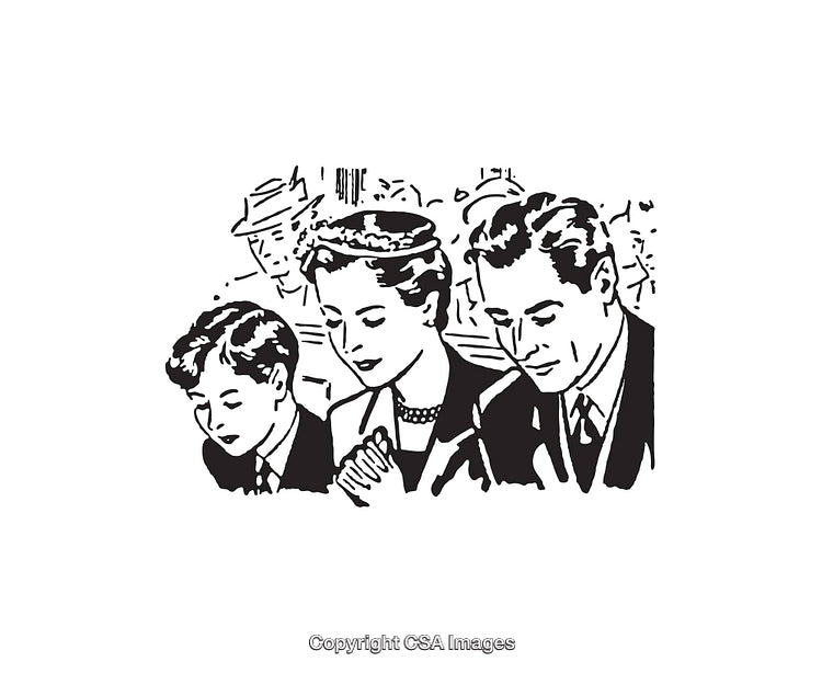 Black and White Line Art Family at a Social or Religious Gathering
