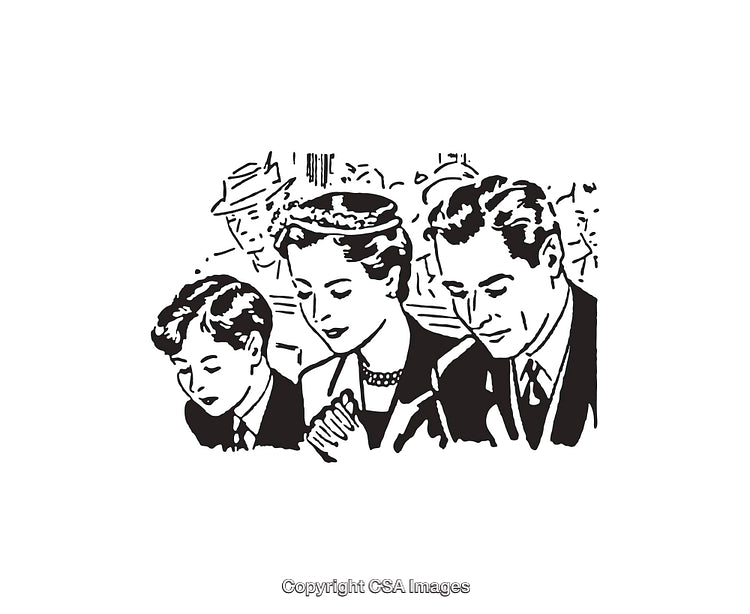 Black and White Line Art Family at a Social or Religious Gathering