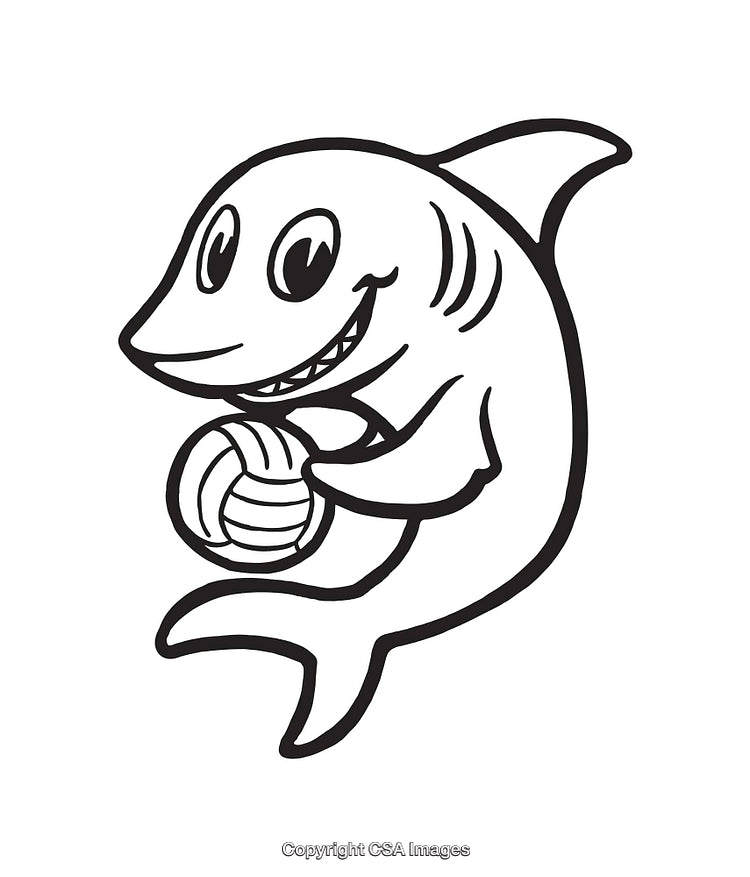 Cute Shark Cartoon Holding Volleyball Illustration in Black and White Art