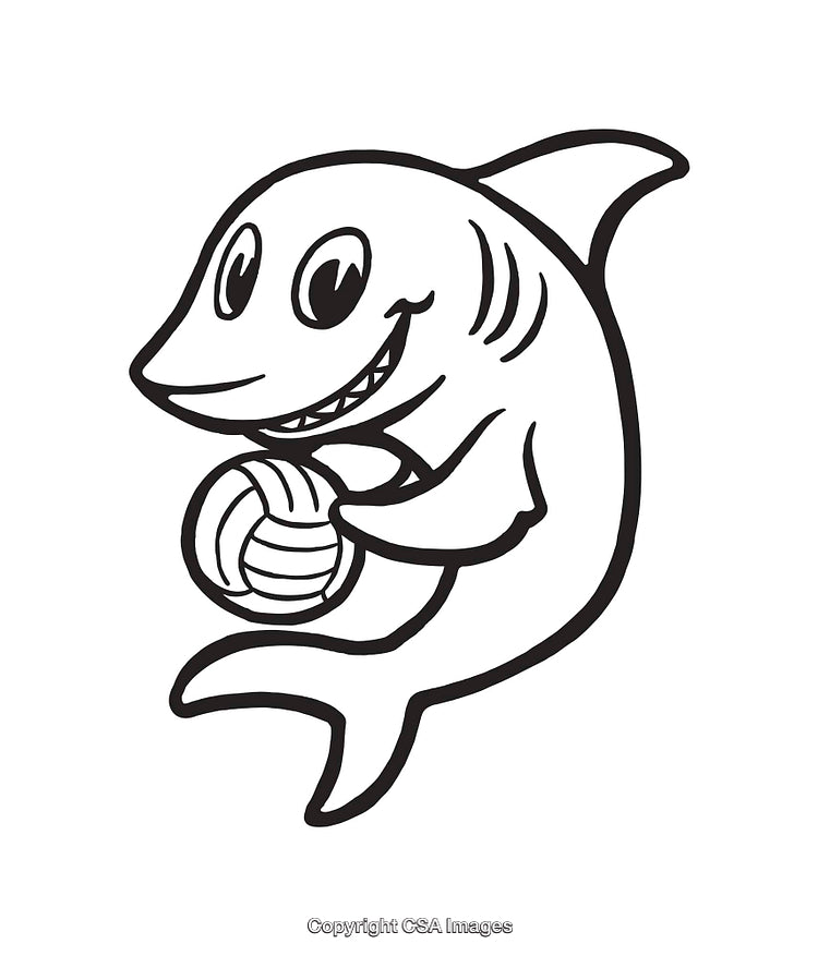 Cute Shark Cartoon Holding Volleyball Illustration in Black and White Art