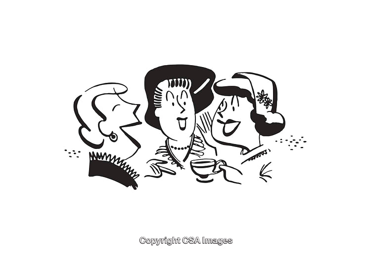 Retro Black and White Illustration of Women Socializing and Enjoying Tea