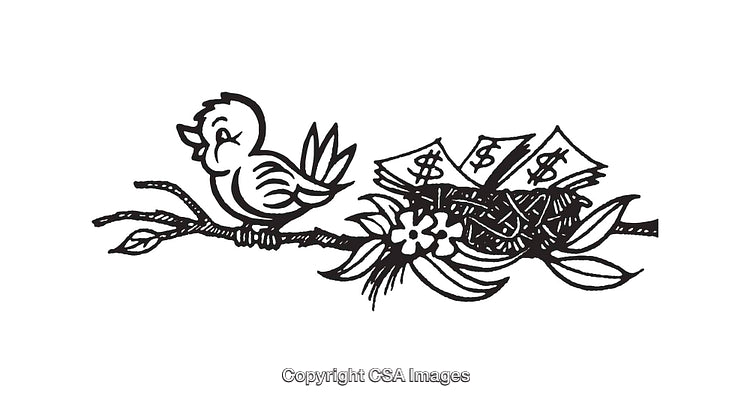 Black and White Bird and Nest Illustration with Dollar Sign Imagery