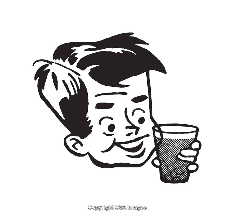 Retro Black And White Illustration of Happy Boy Holding a Drink