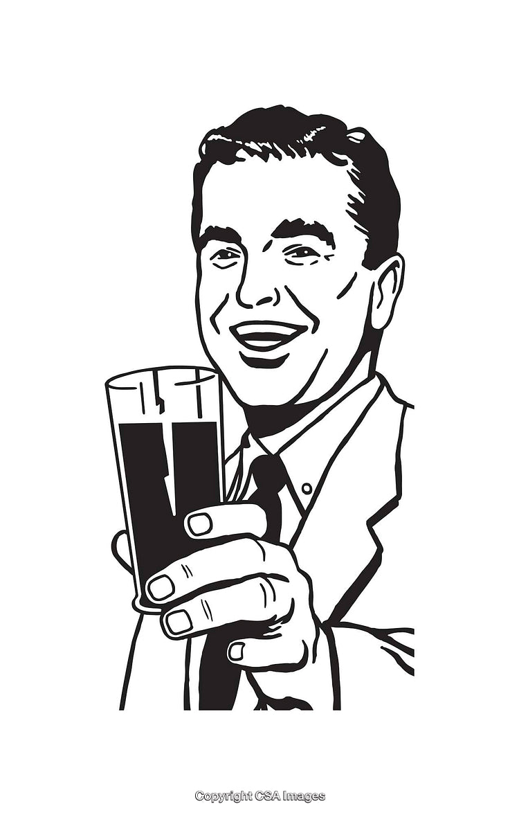 Retro Illustration of a Smiling Man Toasting in Black and White