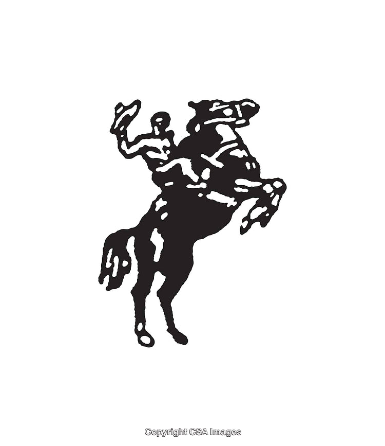 Black and White Rider and Horse Illustration Against a Plain Background