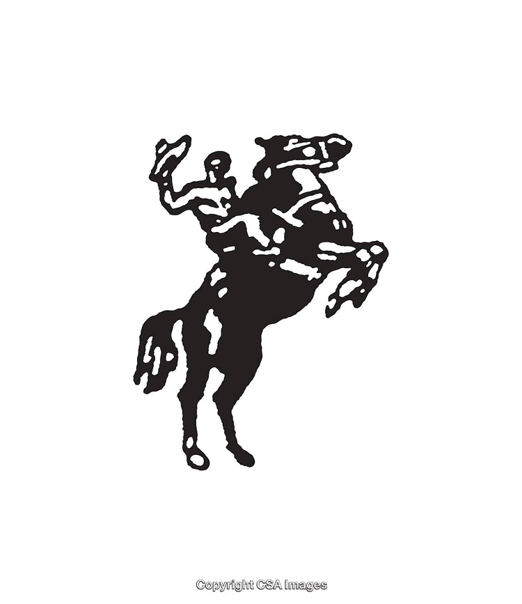 Black and White Rider and Horse Illustration Against a Plain Background