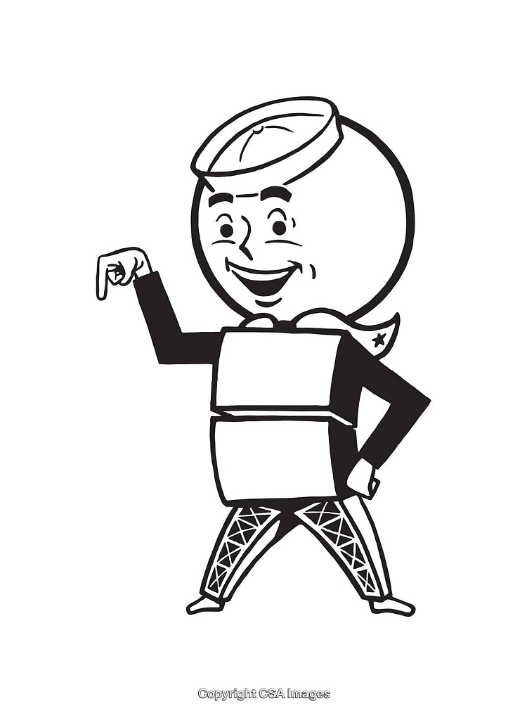 Vintage Black and White Line Art Character with Comic Features