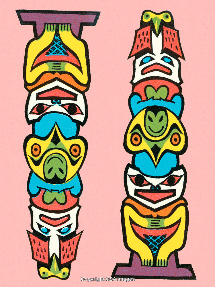 Colorful Totem Art Illustration with Dual Designs on Pink Background