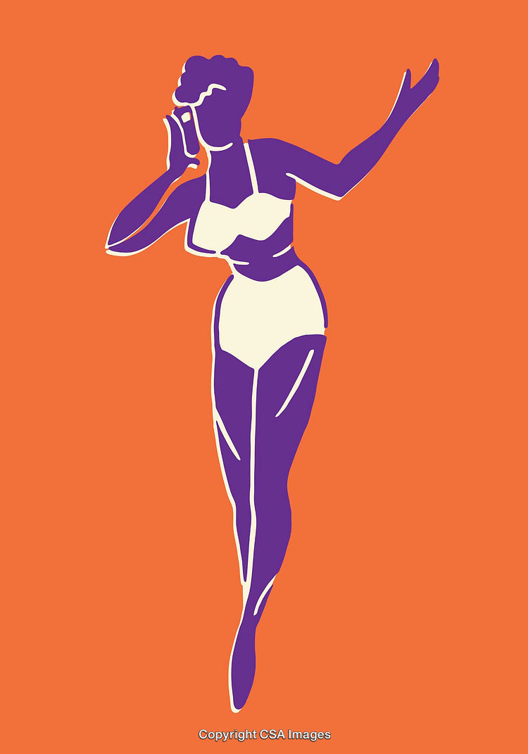 Retro Style Illustration of Woman in Swimwear on Orange Background