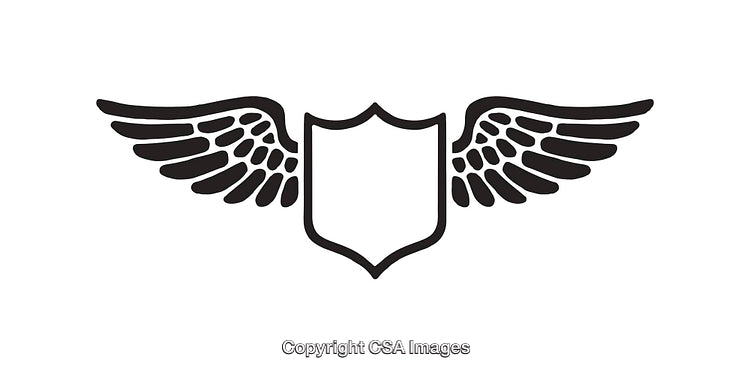 Black and White Shield with Wings Symbolic Line Art Vector
