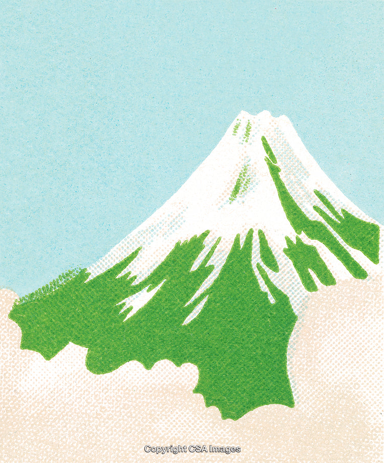 Illustrated Snow-Capped Mountain Scene with Clouds and Blue Sky Background