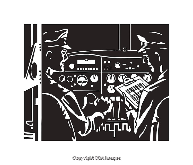 Black and White Illustration of Pilots in a Cockpit