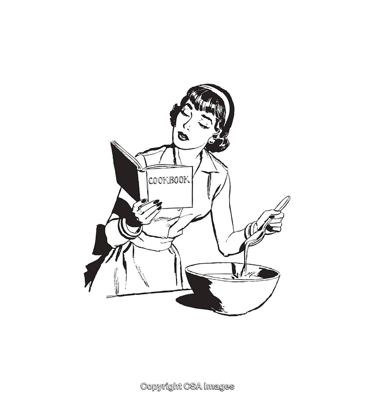 Woman Reading Cookbook While Stirring Ingredients in Bowl Illustration