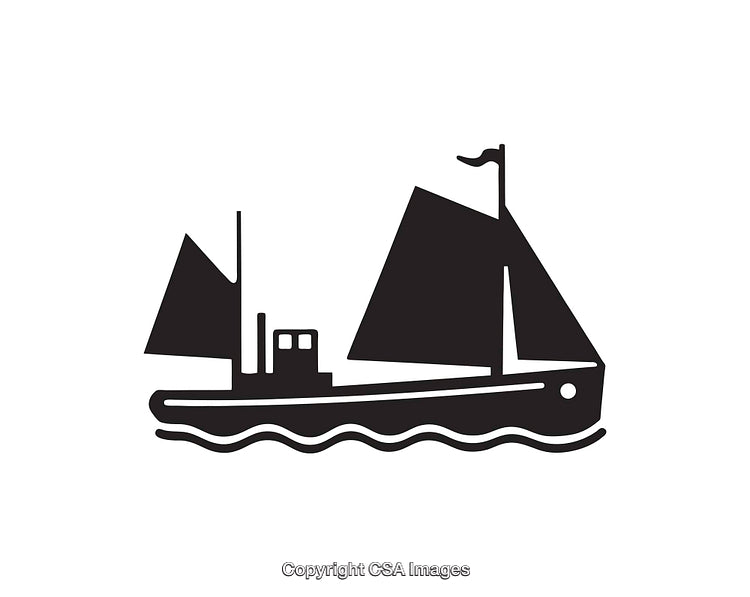 Black and White Line Art of a Sailboat on Ocean Waves