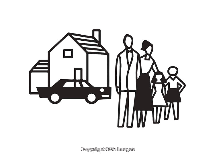 Black And White Line Art Depicting Family, House, and Vehicle Together