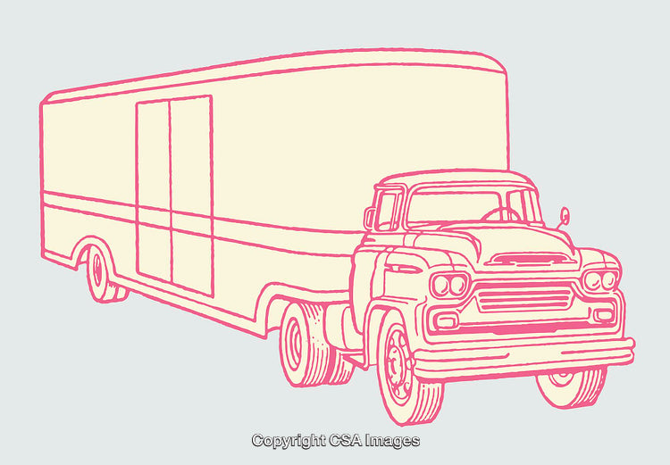 Vintage Line Art Illustration of a Truck With Trailer