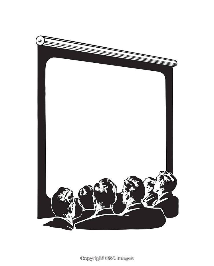 Black and White Retro Illustration of People Watching a Movie Screen
