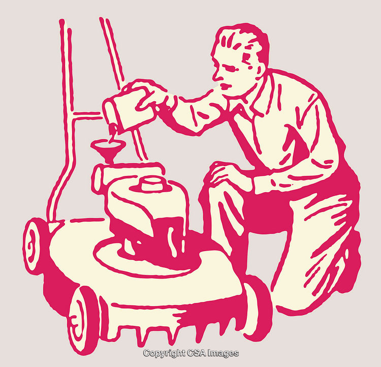 Vintage Illustration of Man Servicing a Lawn Mower