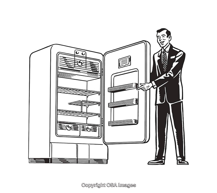 Retro Styled Line Art of a Man Displaying an Open Refrigerator