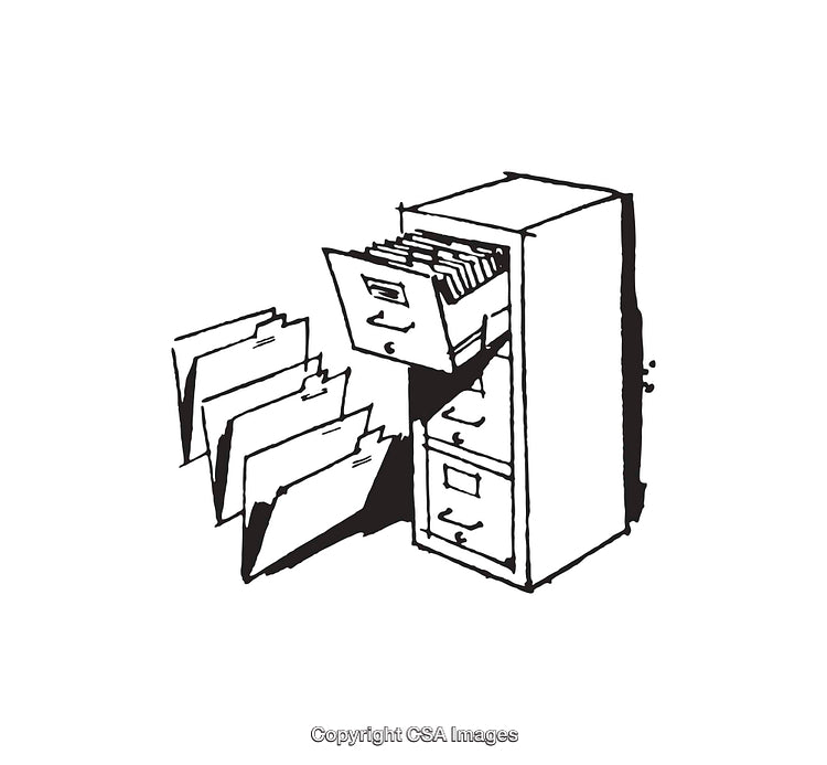 Illustration of Filing Cabinet and Folders in Black and White Line Art