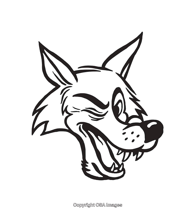 Black and White Line Art Illustration of a Winking Cartoon Wolf Face