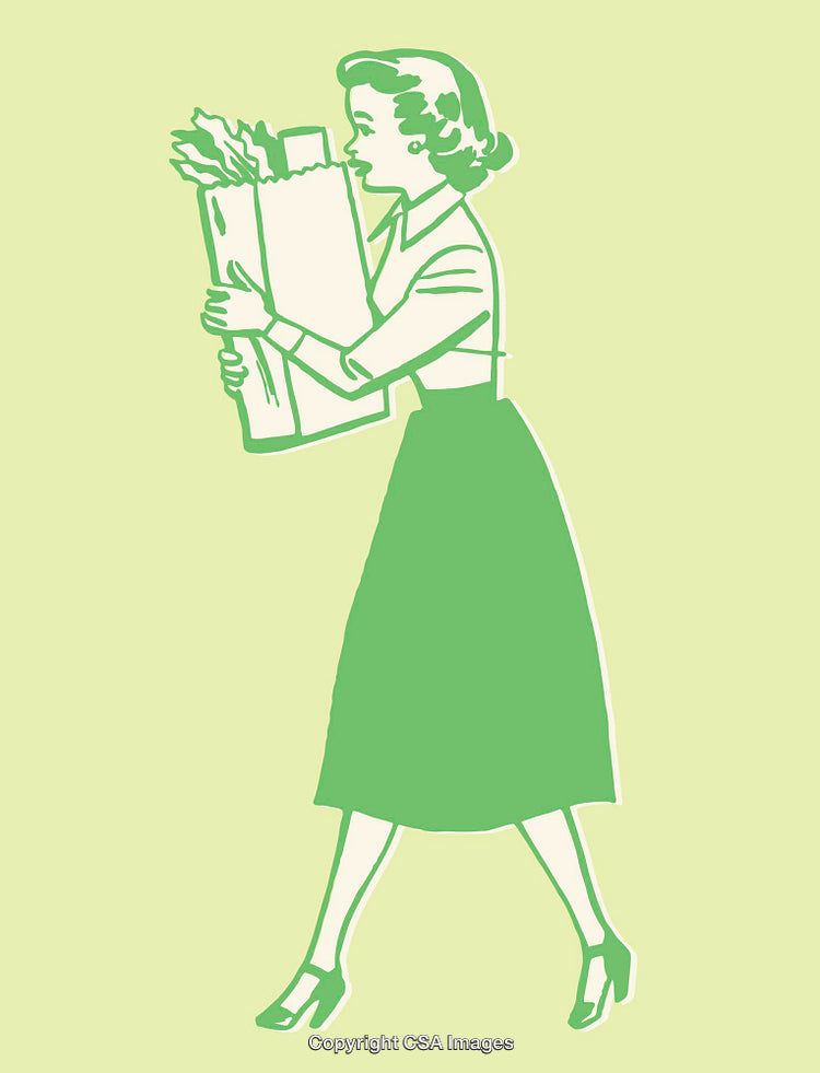 Vintage Line Art Illustration of Woman Carrying Groceries on Green Background