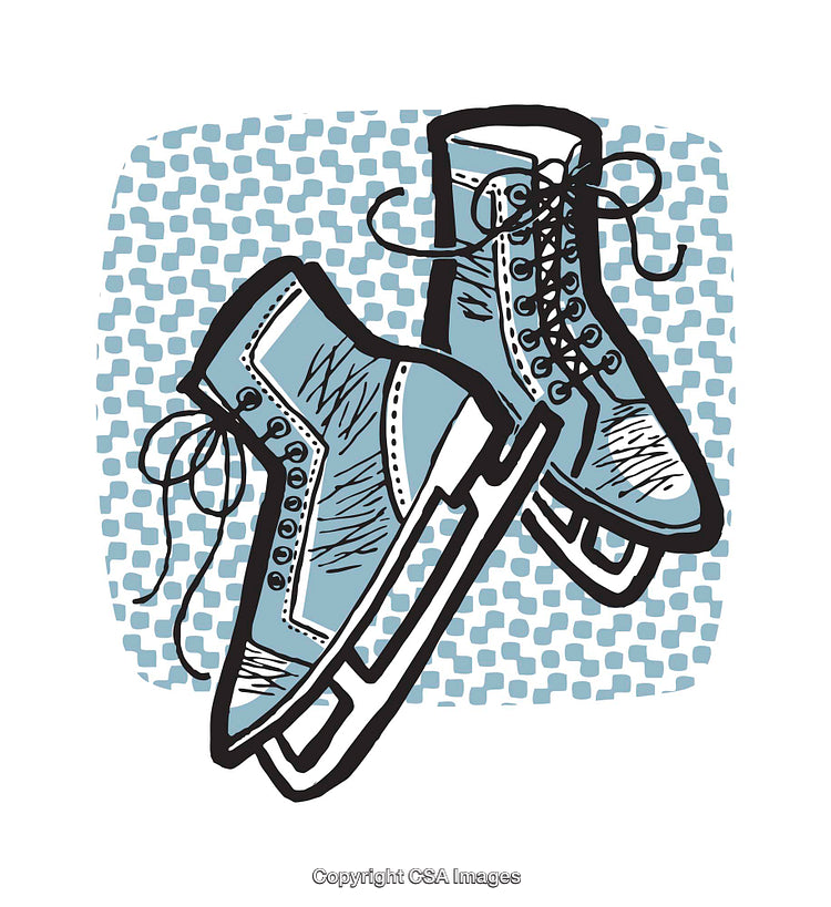 Vintage Ice Skates Illustration with Blue and Black Detailing on Patterned Background