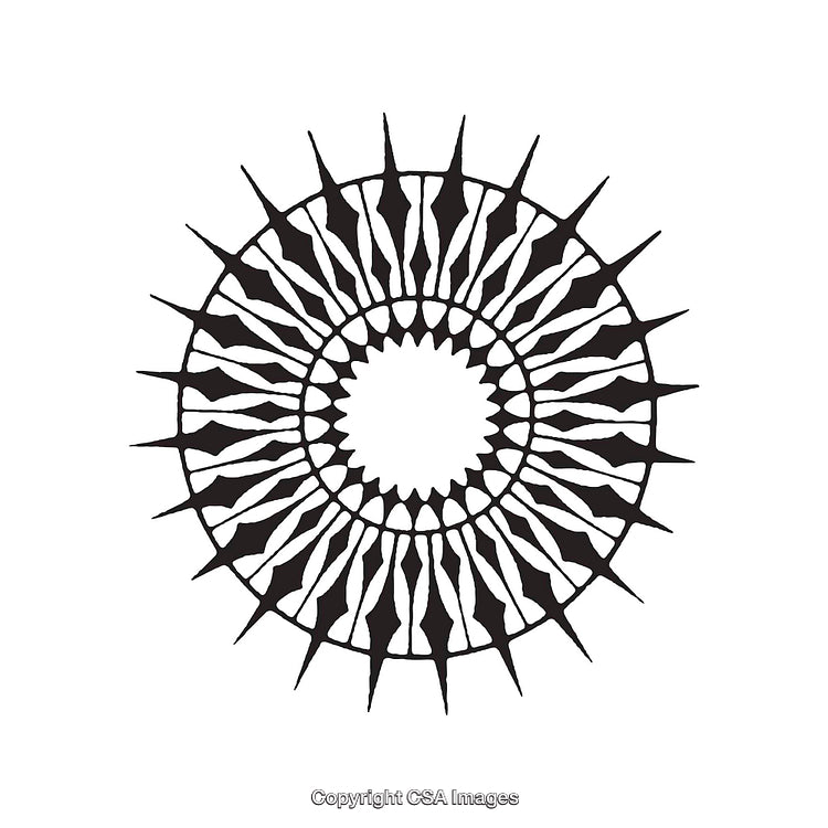 Circular Black and White Dingbat Design with Symmetrical Shapes and Spokes