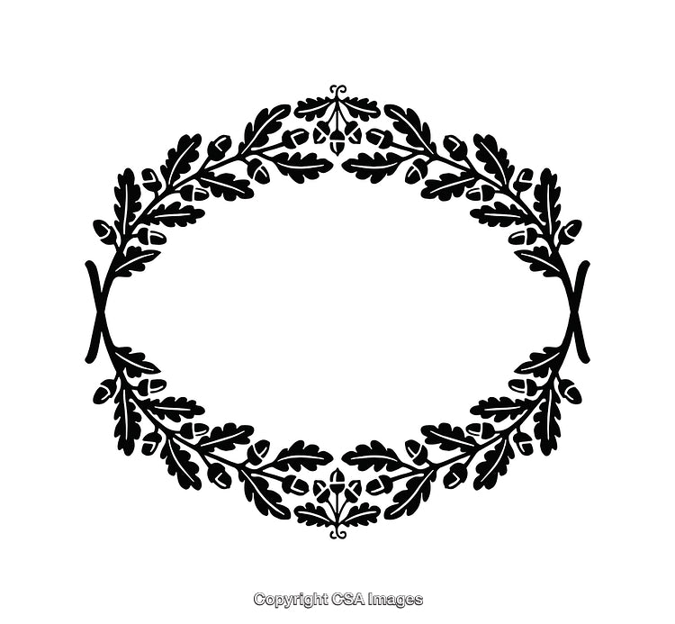 Black And White Oak Leaf Wreath Line Art Illustration
