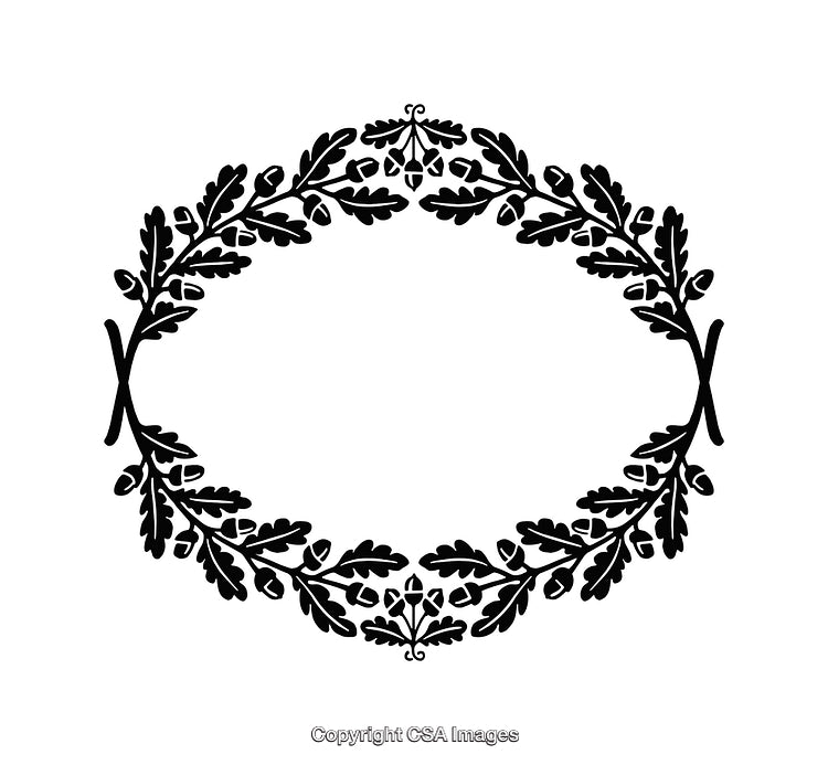 Black And White Oak Leaf Wreath Line Art Illustration
